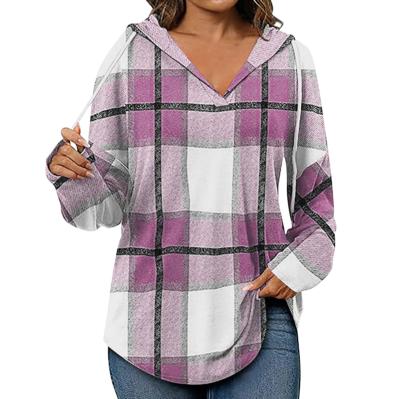 ✨ Easy Everyday Comfort | Women's Plaid Hooded Drawstring V-Neck Shirt🍂