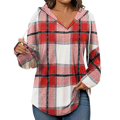 ✨ Easy Everyday Comfort | Women's Plaid Hooded Drawstring V-Neck Shirt🍂