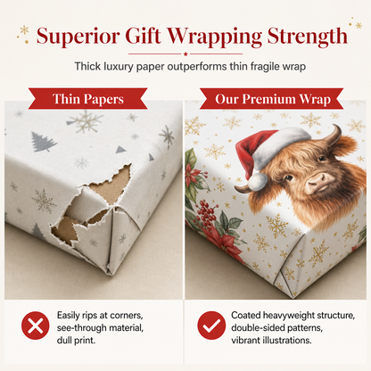 🎄🐮 Reversible Christmas Highland Cow Gift Wrapping Paper Roll – Thick Tear‑Resistant Craft Paper, 2 Festive Designs in 1 Roll (43cm×5m) 🎁