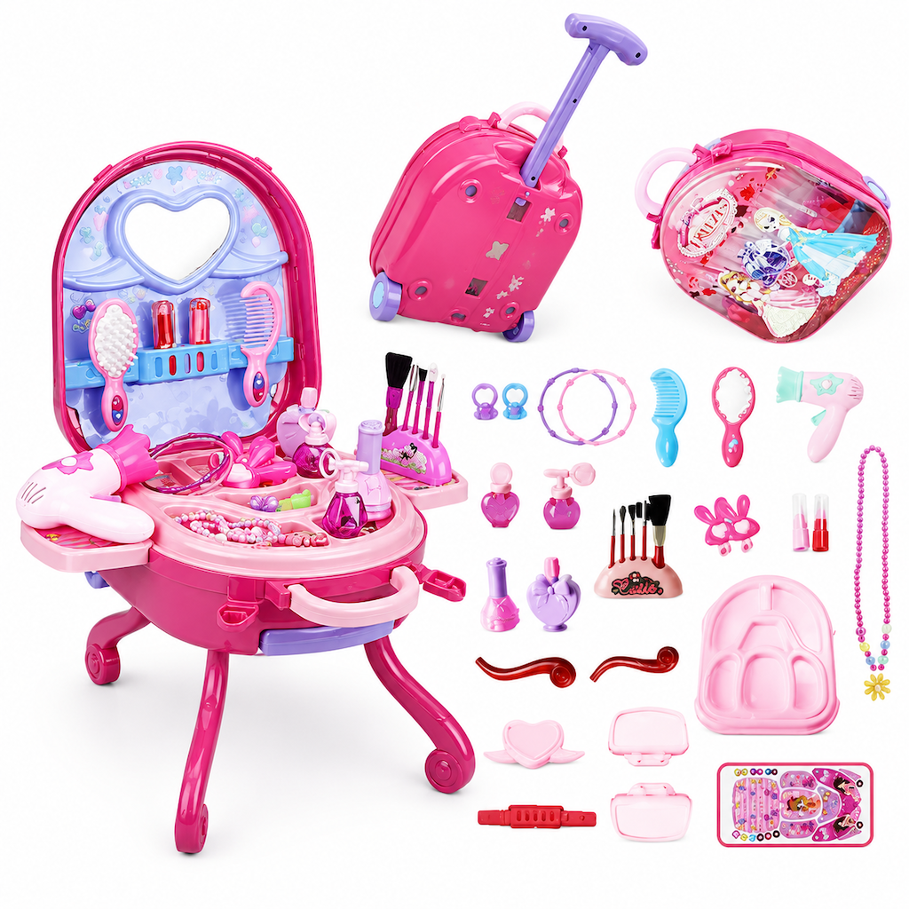 👑 ✨ 3-in-1 Princess Vanity Suitcase — 30 Makeup Toys & Rolling Trolley 🧳