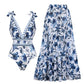 🩱V Neck Lace Up Printed One Piece Swimsuit and Skirt